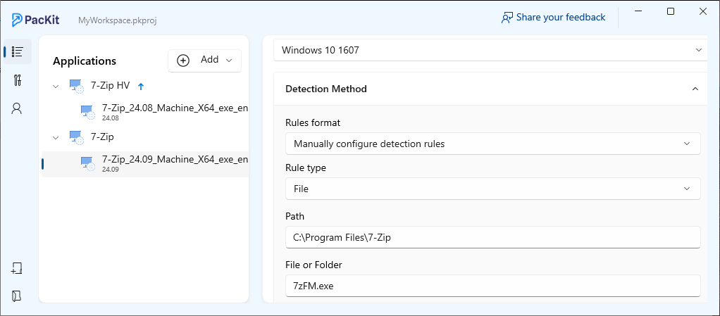 New application entry after update in PacKit