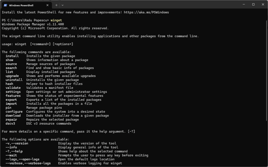 Winget command in PowerShell