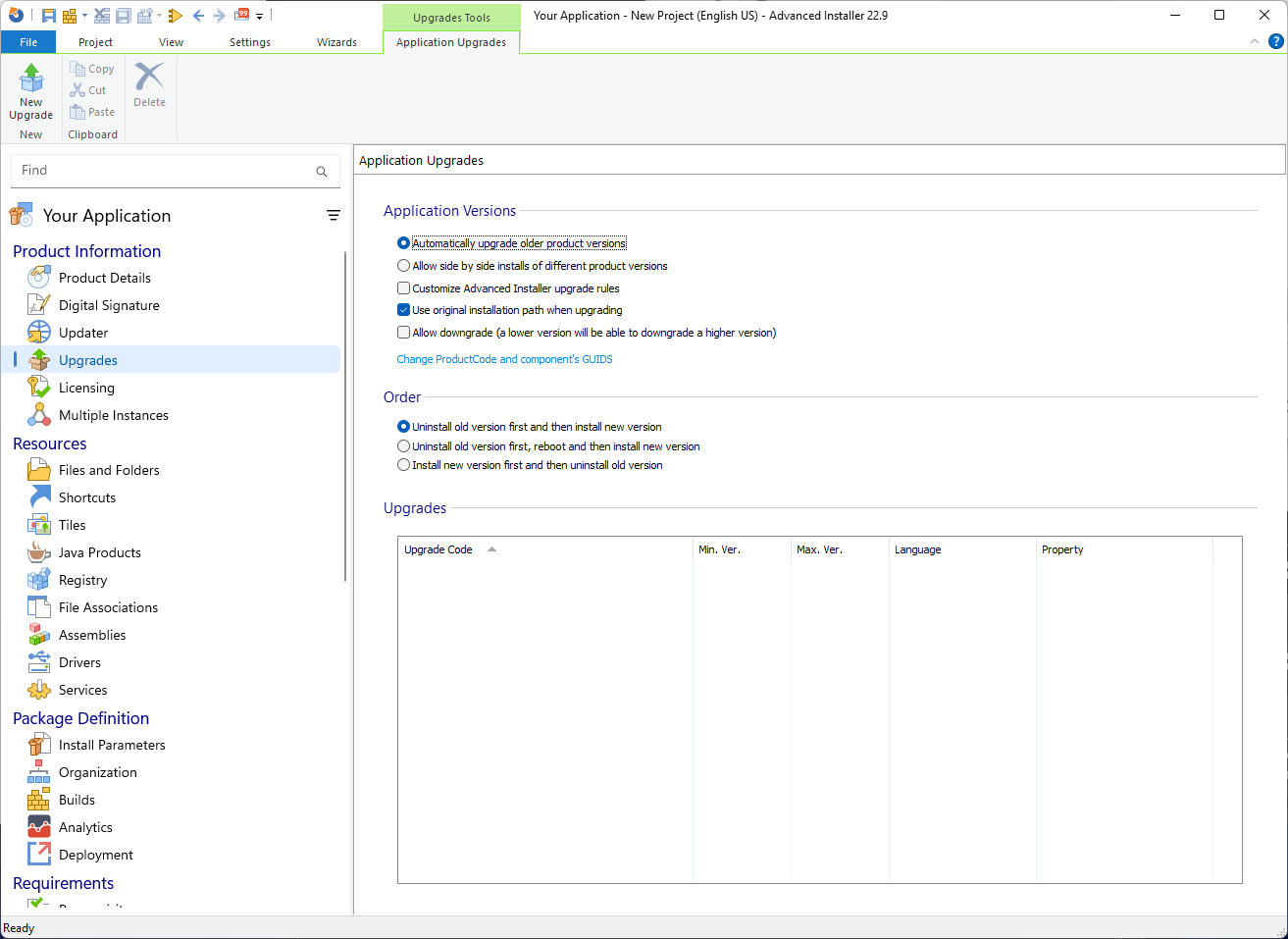 Advanced Installer App Upgrades page