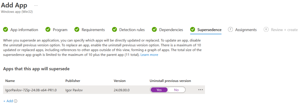 set supersedence in Intune