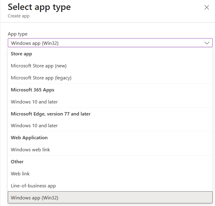 Select app type in Intune