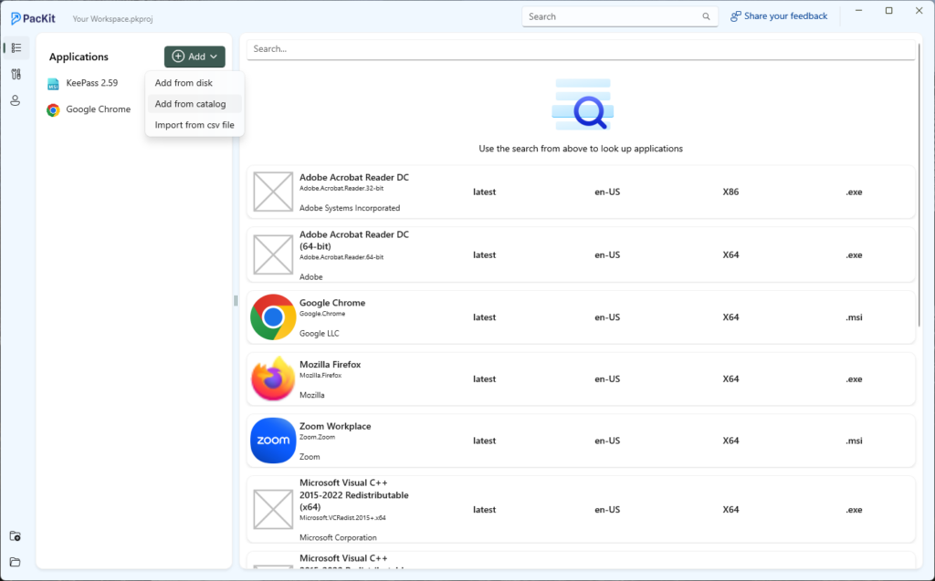 PacKit app catalogue