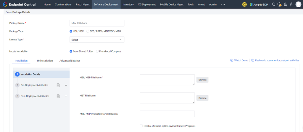 ManageEngine Endpoint Central package creation