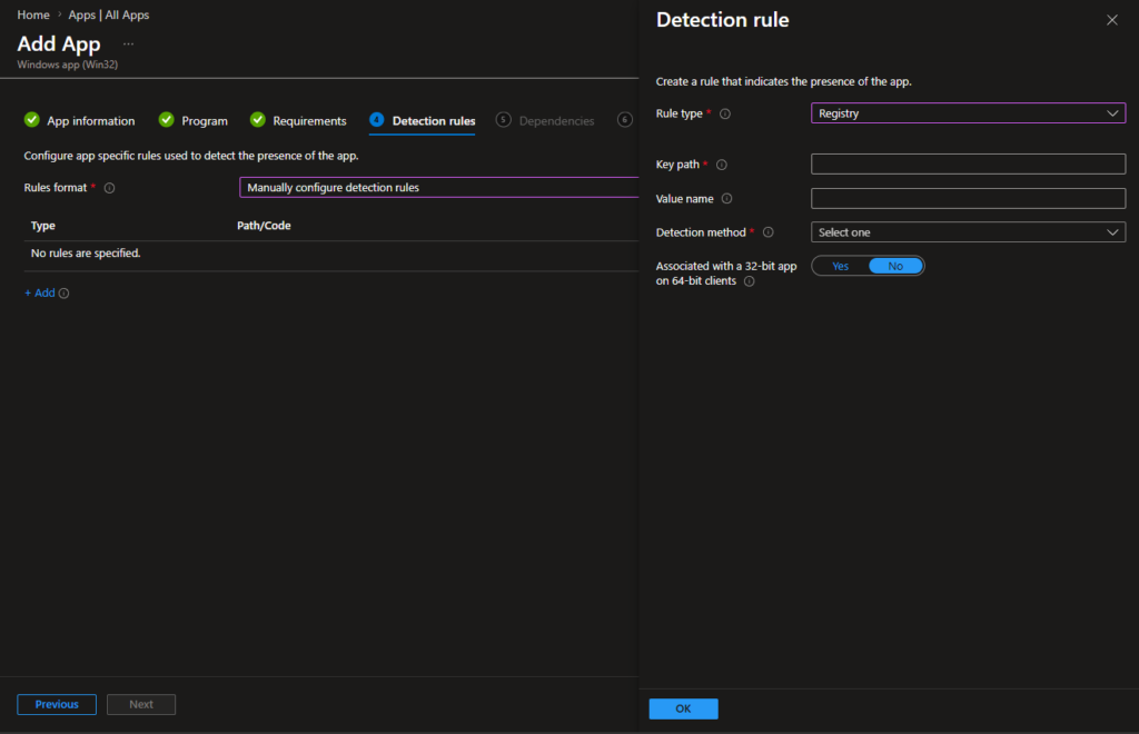 Intune app detection rules manual configuration