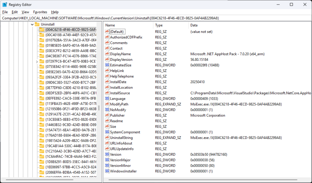 Registry Editor view