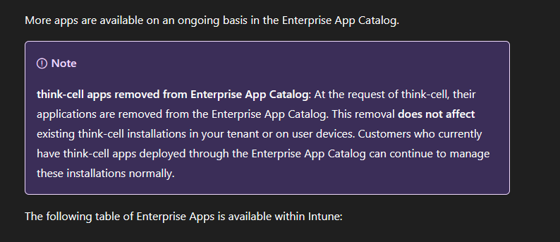 Apps removed from Enterprise App Catalog message