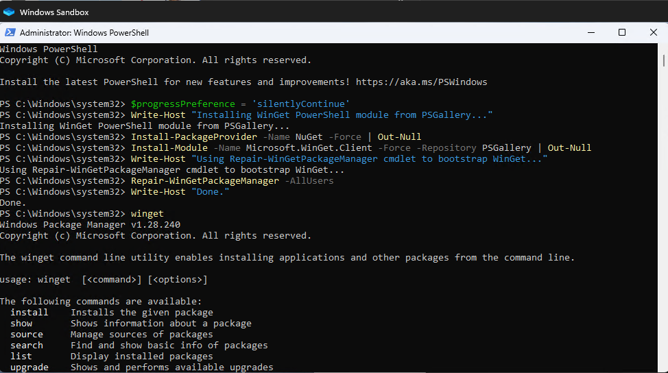 Install WinGet in Windows Sandbox via Powershell