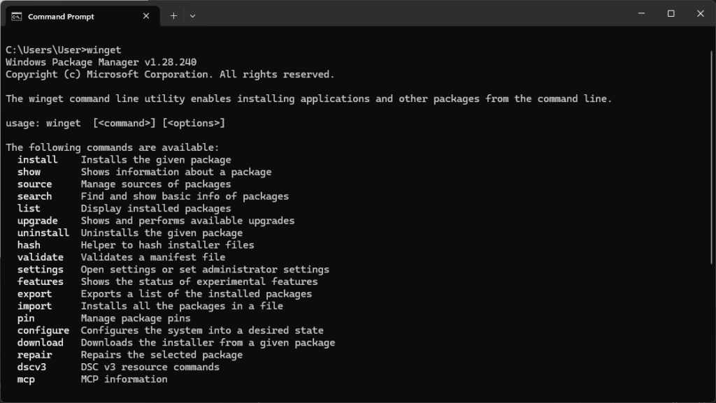 WinGet command in CMD